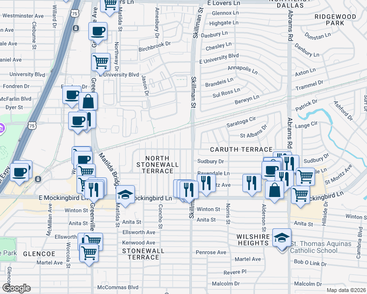 map of restaurants, bars, coffee shops, grocery stores, and more near 4332 Somerville Avenue in Dallas