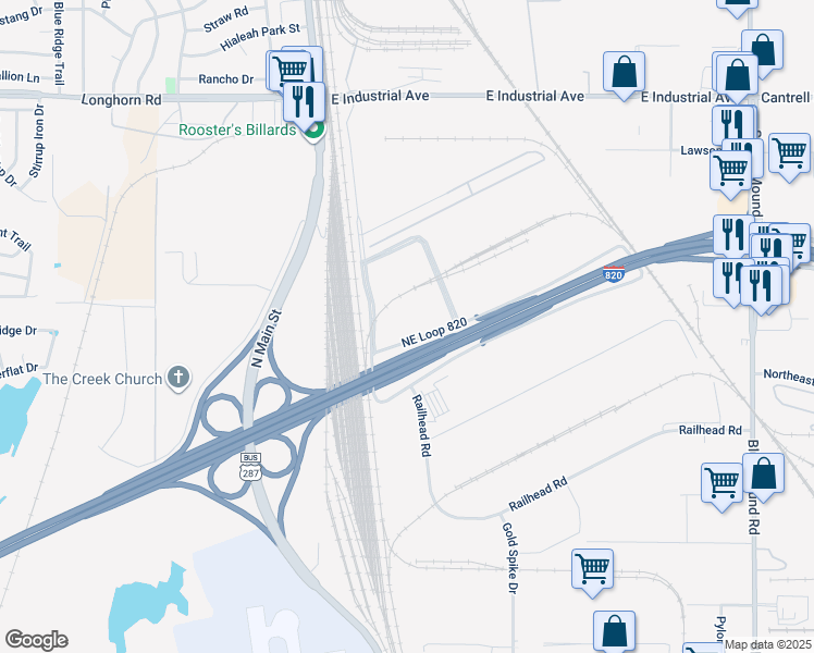 map of restaurants, bars, coffee shops, grocery stores, and more near 4900 North Railhead Road in Fort Worth