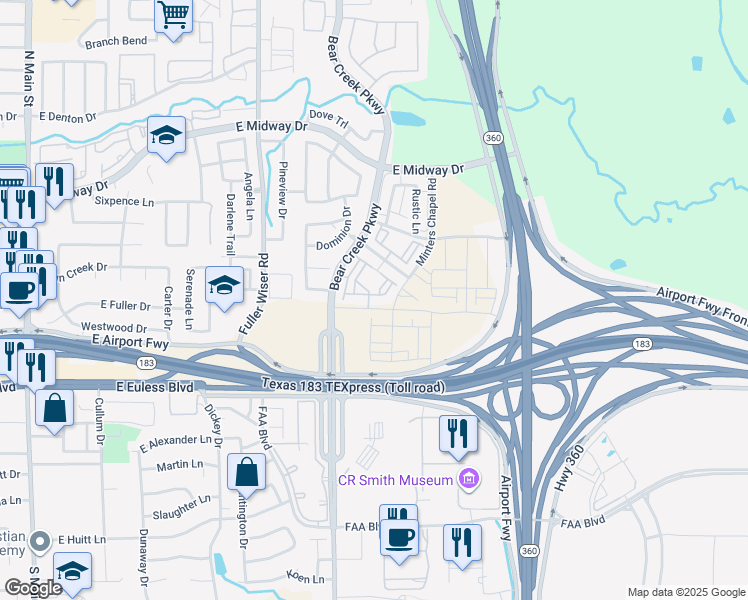 map of restaurants, bars, coffee shops, grocery stores, and more near 960 Pilot Hill Drive in Euless
