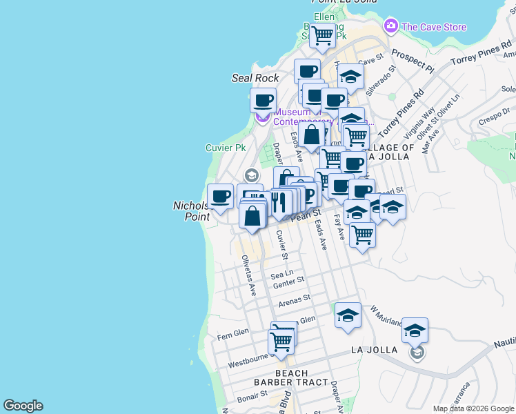map of restaurants, bars, coffee shops, grocery stores, and more near 7561 La Jolla Boulevard in San Diego