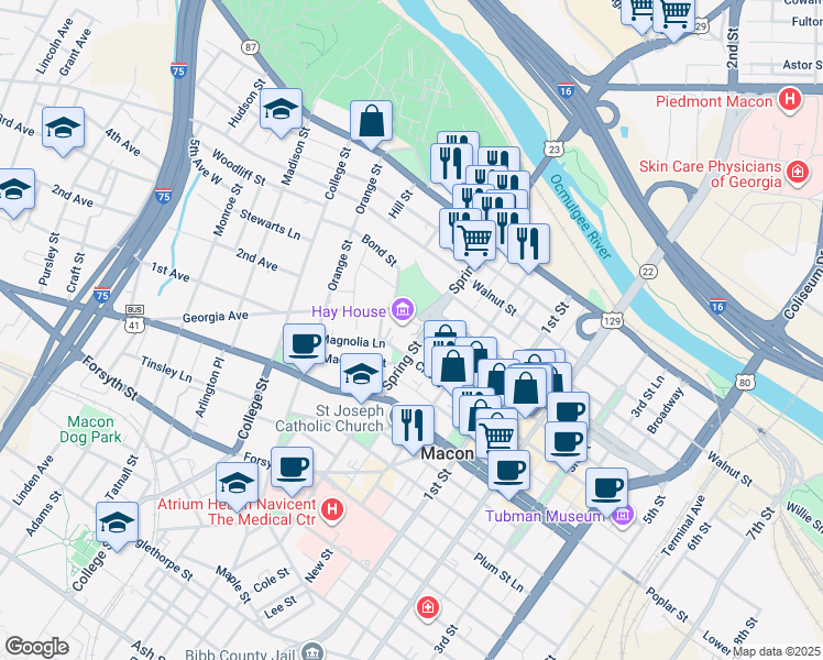 map of restaurants, bars, coffee shops, grocery stores, and more near 934 Georgia Avenue in Macon