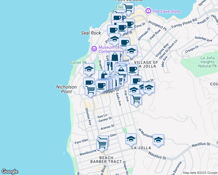 map of restaurants, bars, coffee shops, grocery stores, and more near 7571 Draper Avenue in San Diego