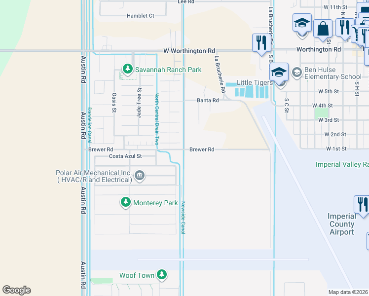 map of restaurants, bars, coffee shops, grocery stores, and more near 2601 Nance Road in Imperial