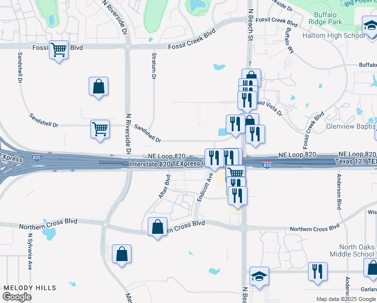 map of restaurants, bars, coffee shops, grocery stores, and more near 3701 Northeast Loop 820 in Fort Worth