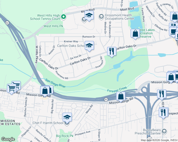 map of restaurants, bars, coffee shops, grocery stores, and more near 9144 Wethersfield Road in Santee