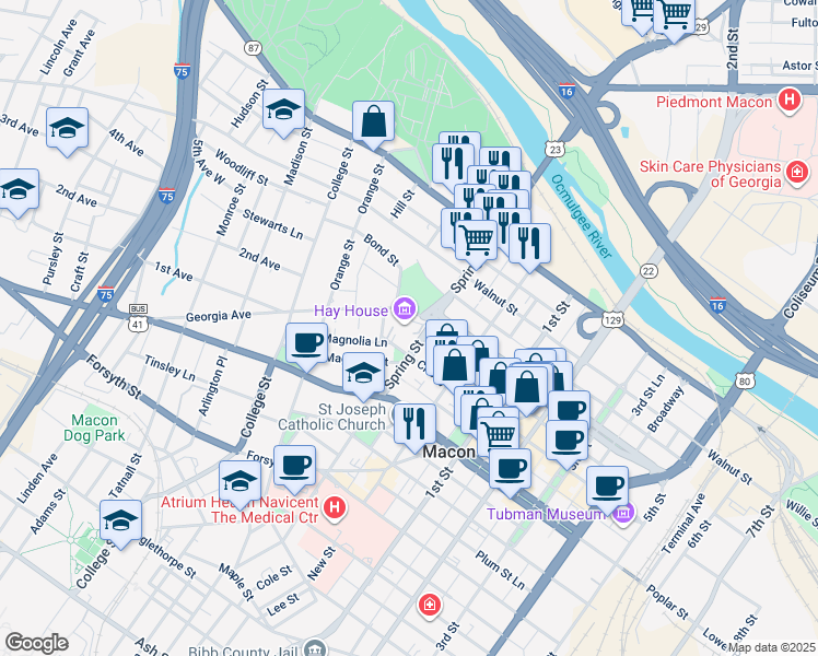 map of restaurants, bars, coffee shops, grocery stores, and more near 934 Georgia Avenue in Macon