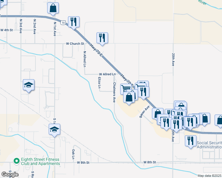 map of restaurants, bars, coffee shops, grocery stores, and more near 232 Chalmers Lane in Thatcher