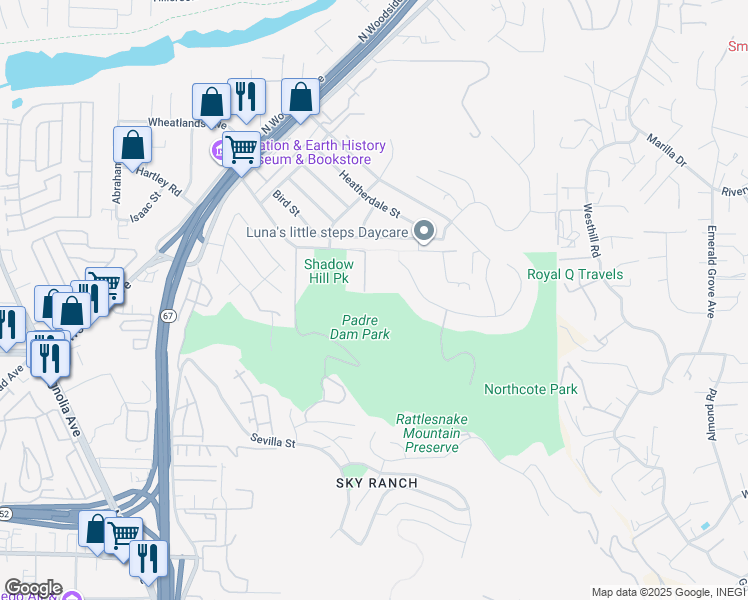 map of restaurants, bars, coffee shops, grocery stores, and more near 9124 Shadow Hill Road in Santee