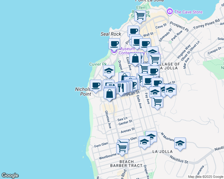 map of restaurants, bars, coffee shops, grocery stores, and more near 7608 La Jolla Boulevard in San Diego