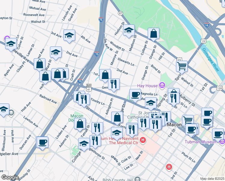 map of restaurants, bars, coffee shops, grocery stores, and more near 1379 Georgia Avenue in Macon