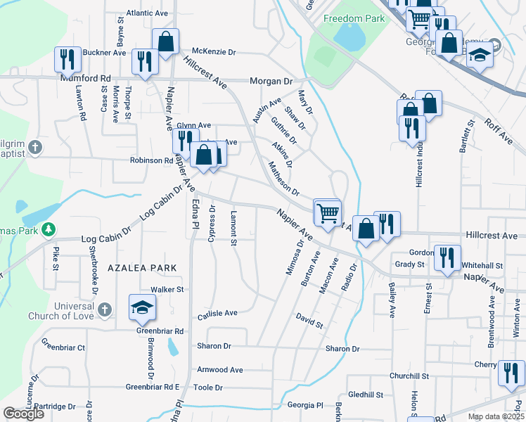 map of restaurants, bars, coffee shops, grocery stores, and more near 3280 Napier Avenue in Macon