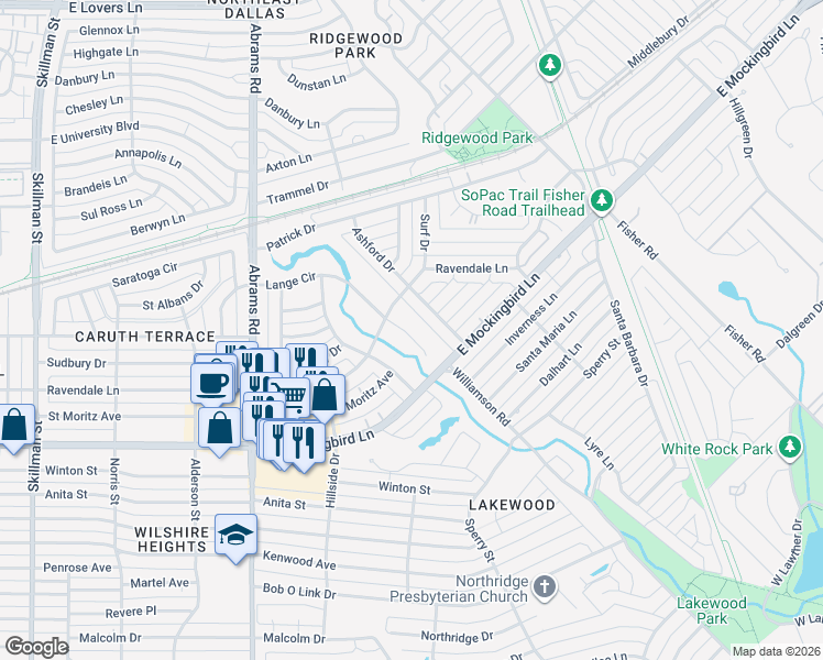 map of restaurants, bars, coffee shops, grocery stores, and more near 6611 Lange Circle in Dallas
