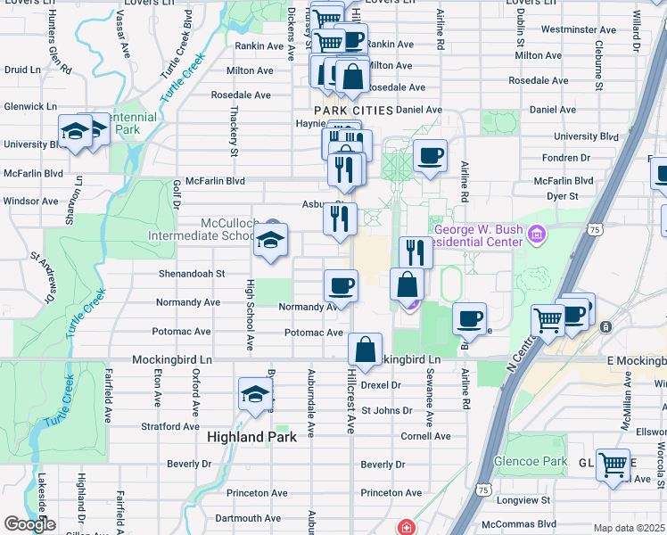 map of restaurants, bars, coffee shops, grocery stores, and more near 6101 Hillcrest Avenue in Dallas