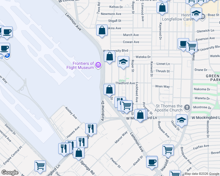 map of restaurants, bars, coffee shops, grocery stores, and more near 3627 Thedford Avenue in Dallas