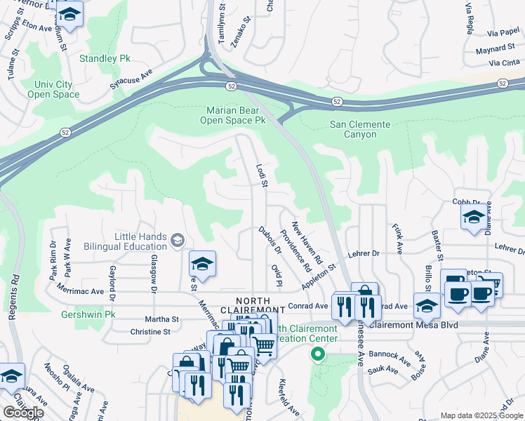 map of restaurants, bars, coffee shops, grocery stores, and more near 5236 Lodi Street in San Diego