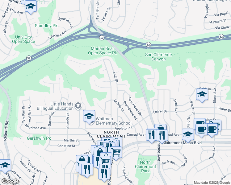 map of restaurants, bars, coffee shops, grocery stores, and more near 5236 Lodi Street in San Diego
