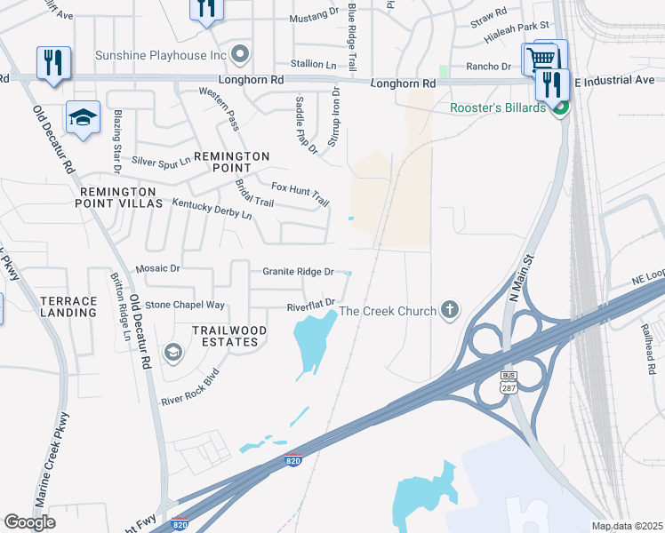 map of restaurants, bars, coffee shops, grocery stores, and more near 624 Granite Ridge Drive in Fort Worth
