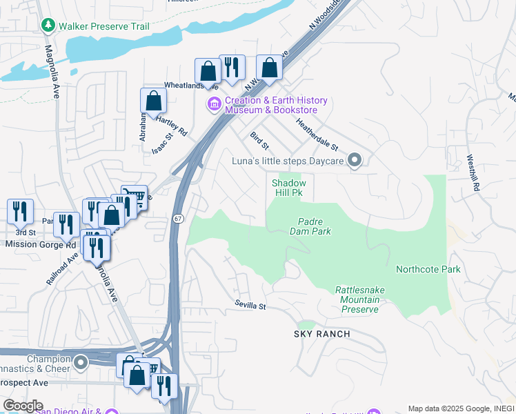 map of restaurants, bars, coffee shops, grocery stores, and more near 11061 Crystal Springs Road in Santee