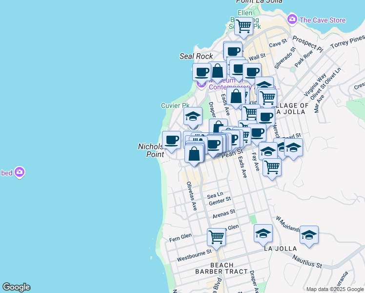 map of restaurants, bars, coffee shops, grocery stores, and more near 305 Prospect Street in La Jolla