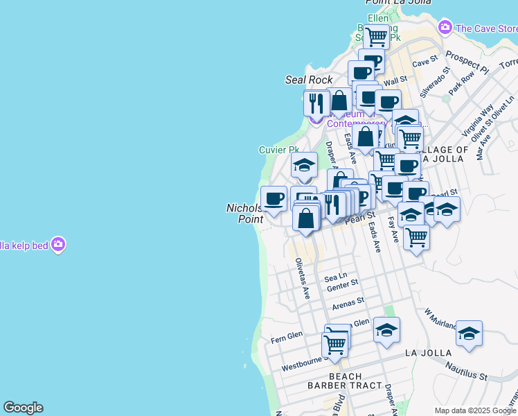 map of restaurants, bars, coffee shops, grocery stores, and more near 258 Coast Boulevard in San Diego