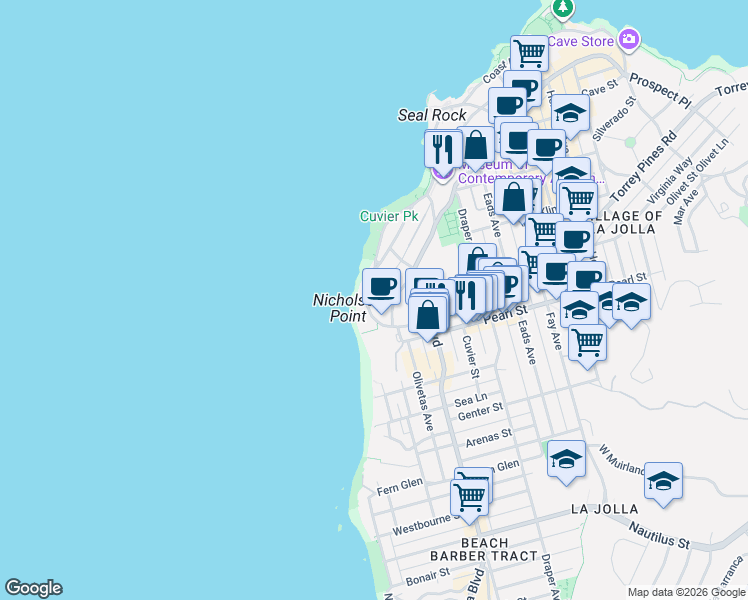 map of restaurants, bars, coffee shops, grocery stores, and more near 265 Coast Boulevard in San Diego