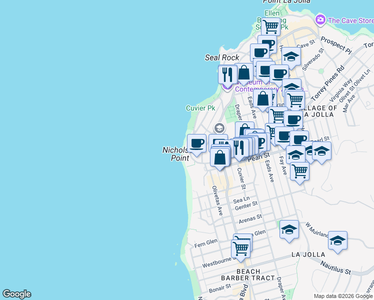 map of restaurants, bars, coffee shops, grocery stores, and more near 274 Coast Boulevard in San Diego