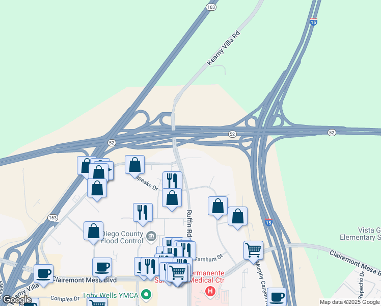 map of restaurants, bars, coffee shops, grocery stores, and more near 9350 Waxie Way in San Diego