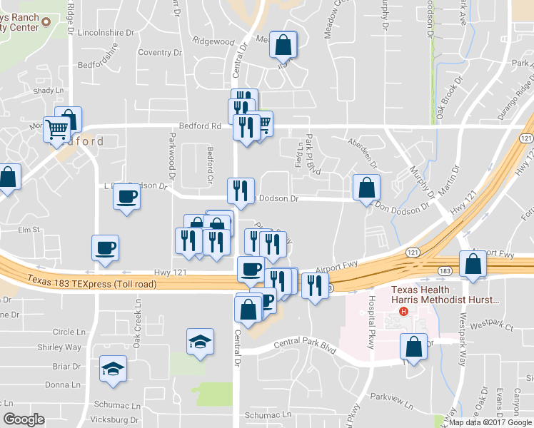 map of restaurants, bars, coffee shops, grocery stores, and more near 2130 L Don Dodson Drive in Bedford