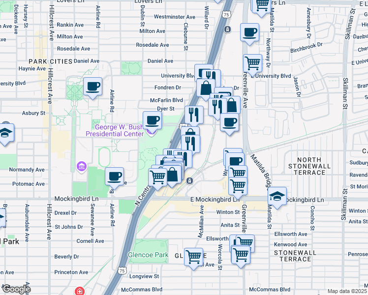 map of restaurants, bars, coffee shops, grocery stores, and more near 6070 North Central Expressway in Dallas