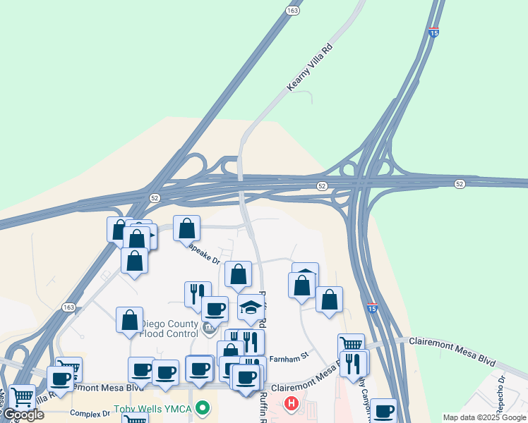 map of restaurants, bars, coffee shops, grocery stores, and more near 9350 Waxie Way in San Diego