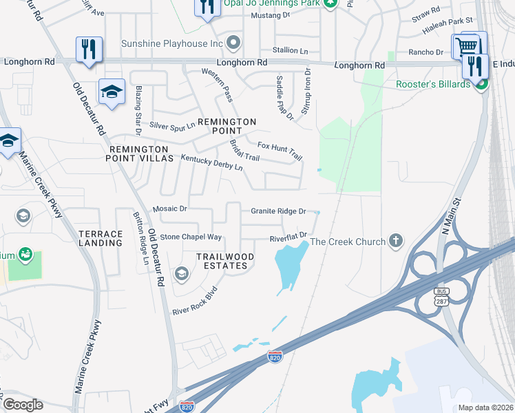 map of restaurants, bars, coffee shops, grocery stores, and more near 805 Kentucky Derby Lane in Fort Worth