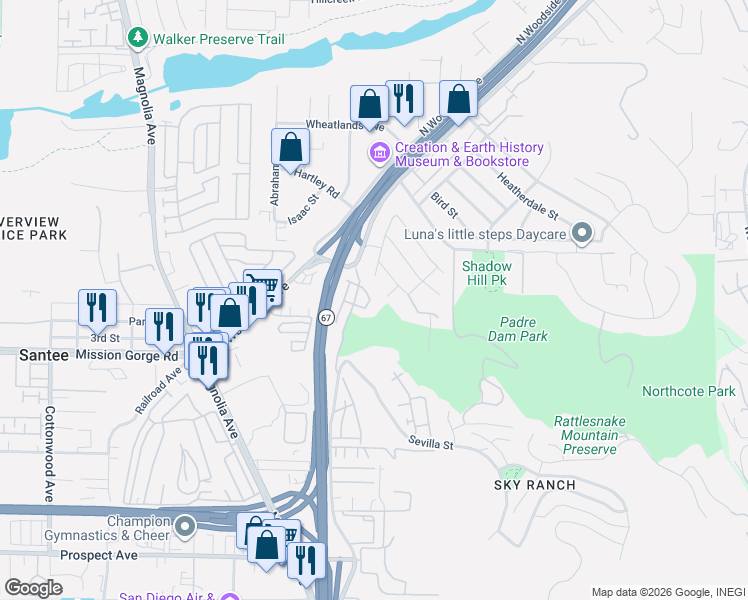 map of restaurants, bars, coffee shops, grocery stores, and more near 1018 Iron Wheel Street in Santee