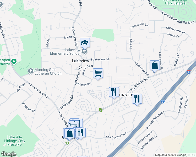 map of restaurants, bars, coffee shops, grocery stores, and more near 13408 Bubbling Lane in Lakeside
