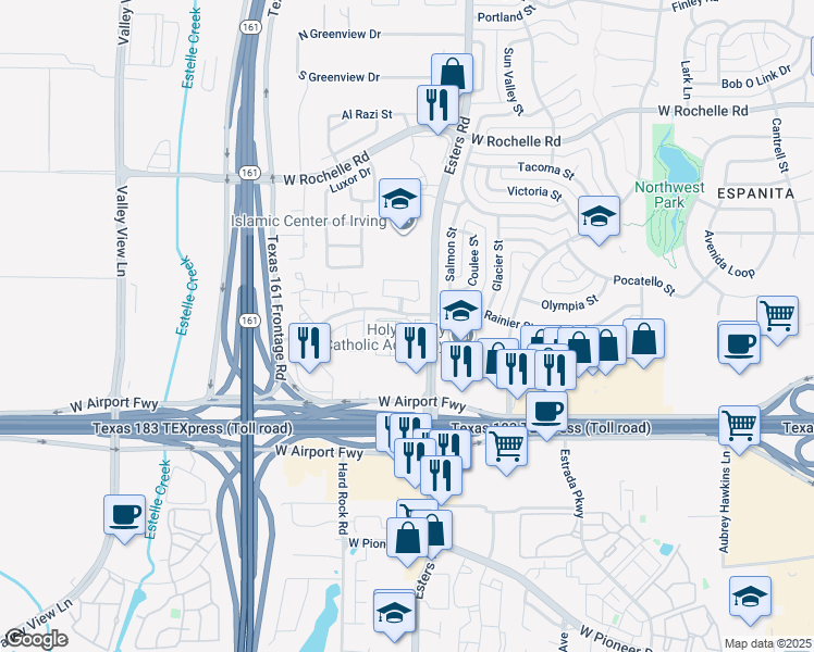 map of restaurants, bars, coffee shops, grocery stores, and more near 4300 Rainier Street in Irving