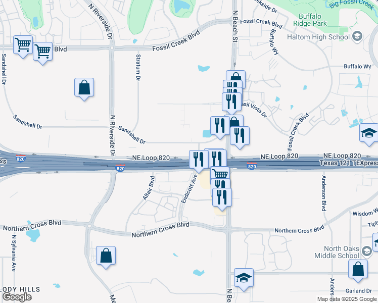 map of restaurants, bars, coffee shops, grocery stores, and more near 3751 Northeast Loop 820 Service Road South in Fort Worth