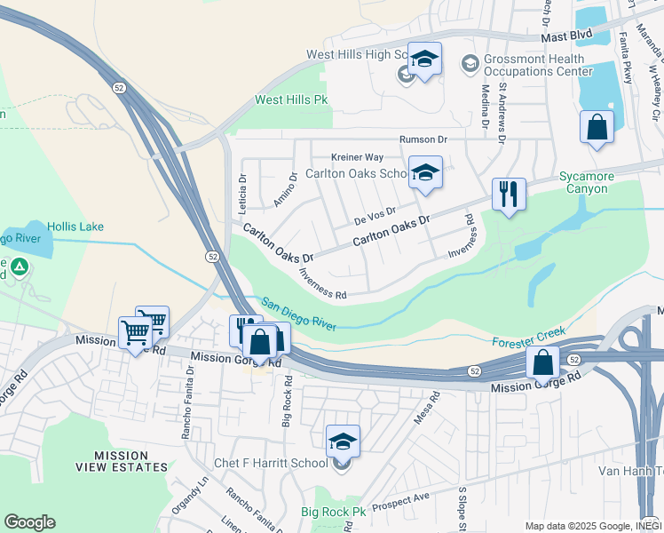 map of restaurants, bars, coffee shops, grocery stores, and more near 8424 Lomker Way in Santee