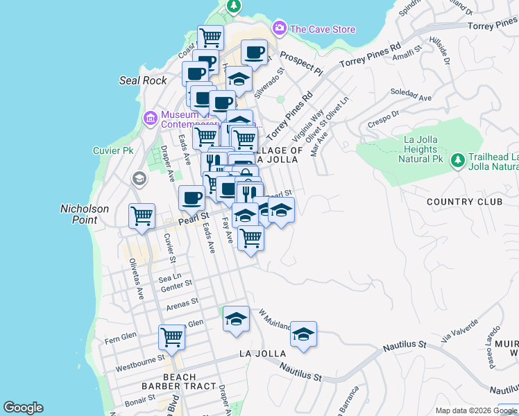 map of restaurants, bars, coffee shops, grocery stores, and more near 7452 Herschel Avenue in San Diego