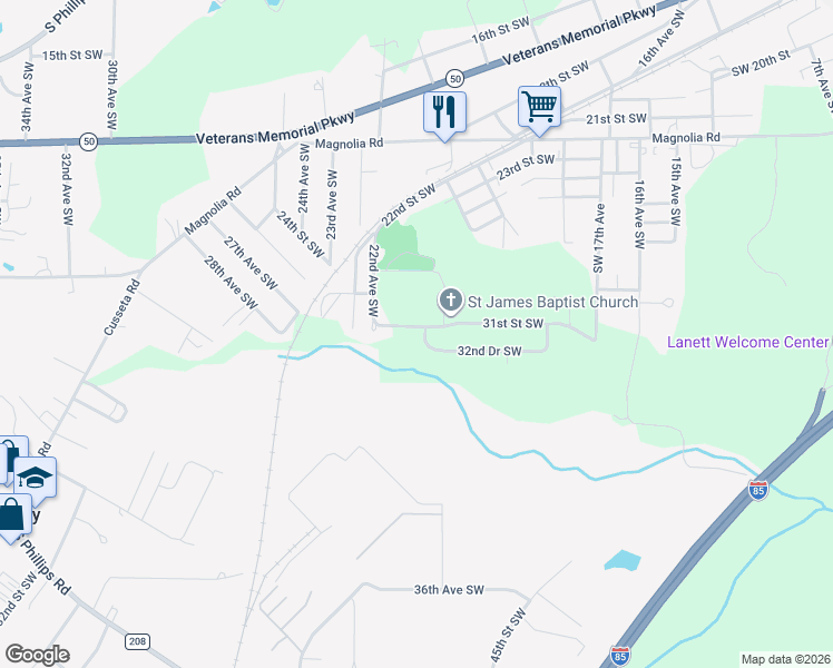map of restaurants, bars, coffee shops, grocery stores, and more near 3027 31st Street Southwest in Lanett