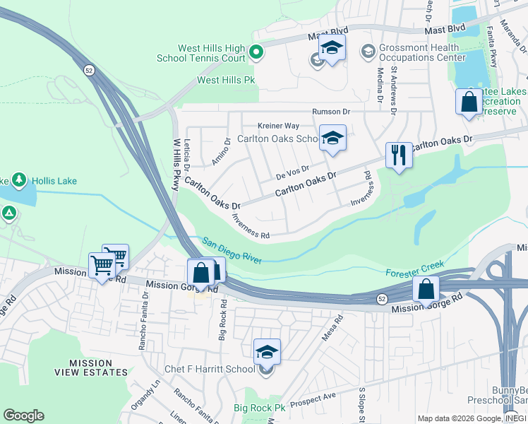 map of restaurants, bars, coffee shops, grocery stores, and more near 9232 Lomker Court in Santee
