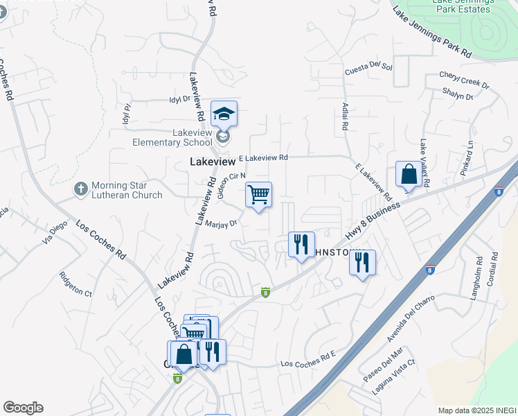 map of restaurants, bars, coffee shops, grocery stores, and more near 13408 Bubbling Lane in Lakeside