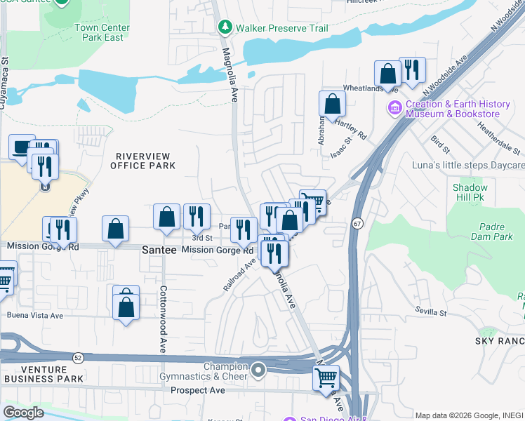 map of restaurants, bars, coffee shops, grocery stores, and more near 27 Coronado Street in Santee