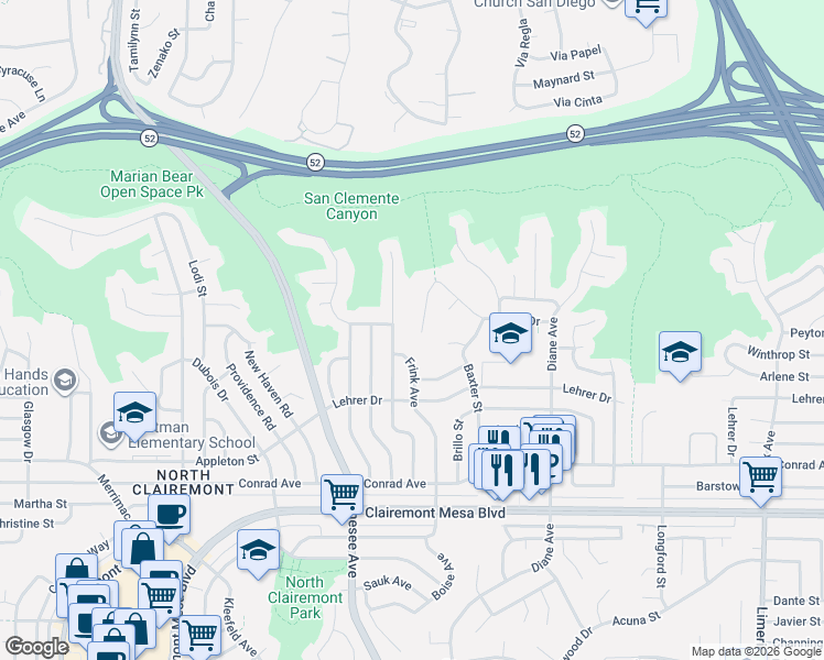 map of restaurants, bars, coffee shops, grocery stores, and more near 5242 Cobb Place in San Diego