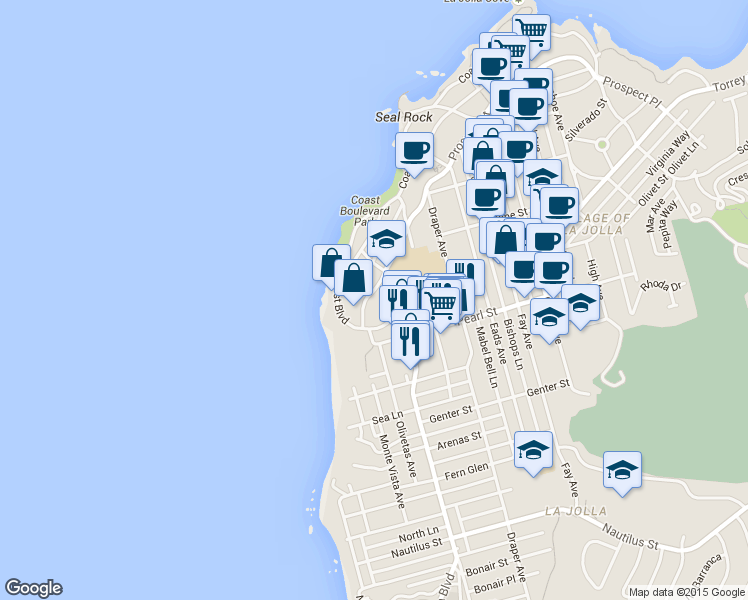 map of restaurants, bars, coffee shops, grocery stores, and more near 320 Scripps Lane in San Diego