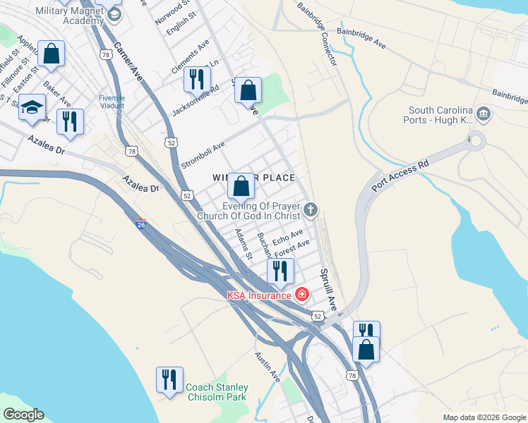 map of restaurants, bars, coffee shops, grocery stores, and more near 1919 Boxwood Avenue in North Charleston