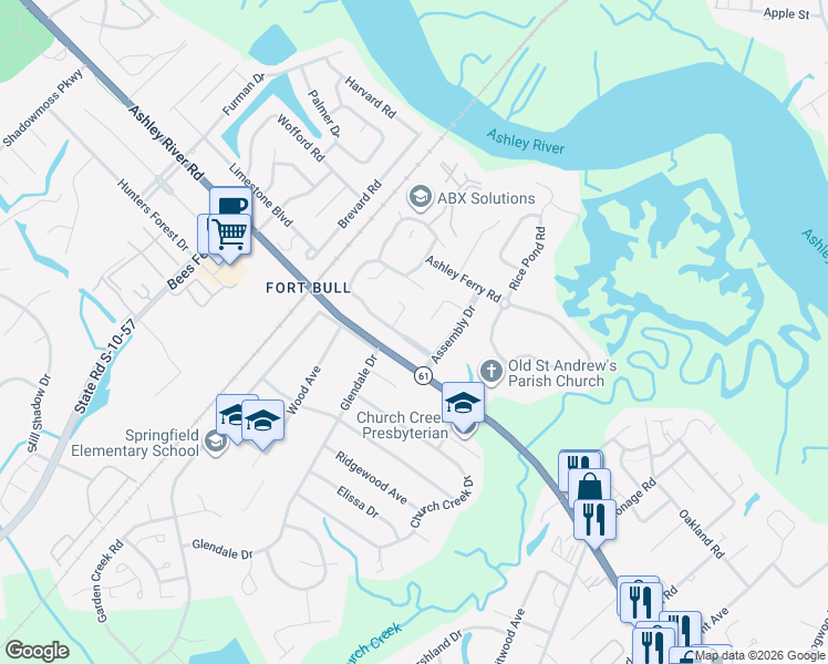 map of restaurants, bars, coffee shops, grocery stores, and more near 2309 Chairmaker Court in Charleston