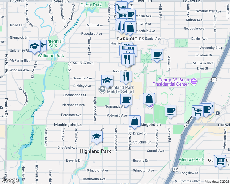 map of restaurants, bars, coffee shops, grocery stores, and more near 3442 Binkley Avenue in Dallas
