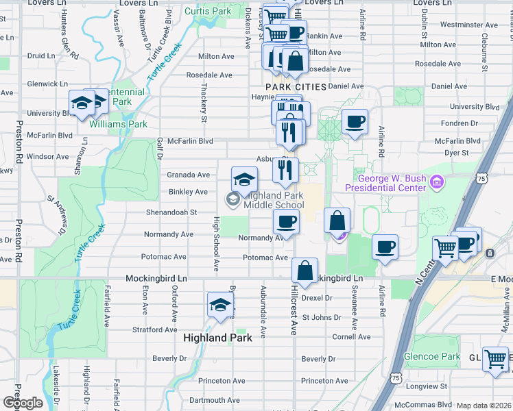 map of restaurants, bars, coffee shops, grocery stores, and more near 3442 Binkley Avenue in Dallas
