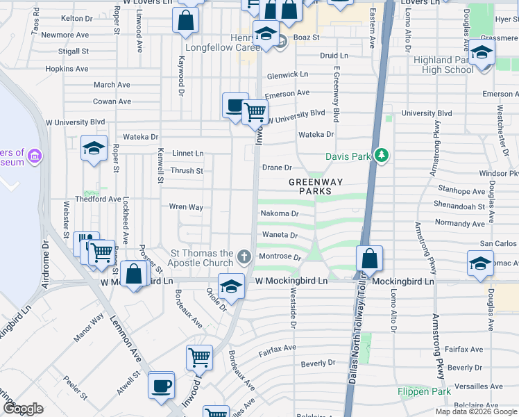 map of restaurants, bars, coffee shops, grocery stores, and more near 6831 Inwood Road in Dallas
