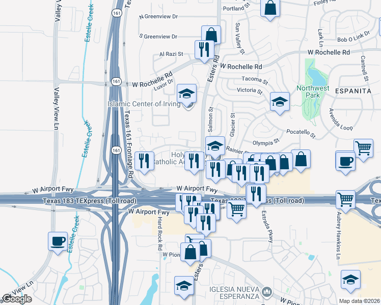 map of restaurants, bars, coffee shops, grocery stores, and more near 4338 Annesley Lane in Irving