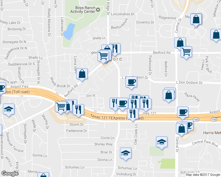 map of restaurants, bars, coffee shops, grocery stores, and more near 2003 Forest Ridge Drive in Bedford